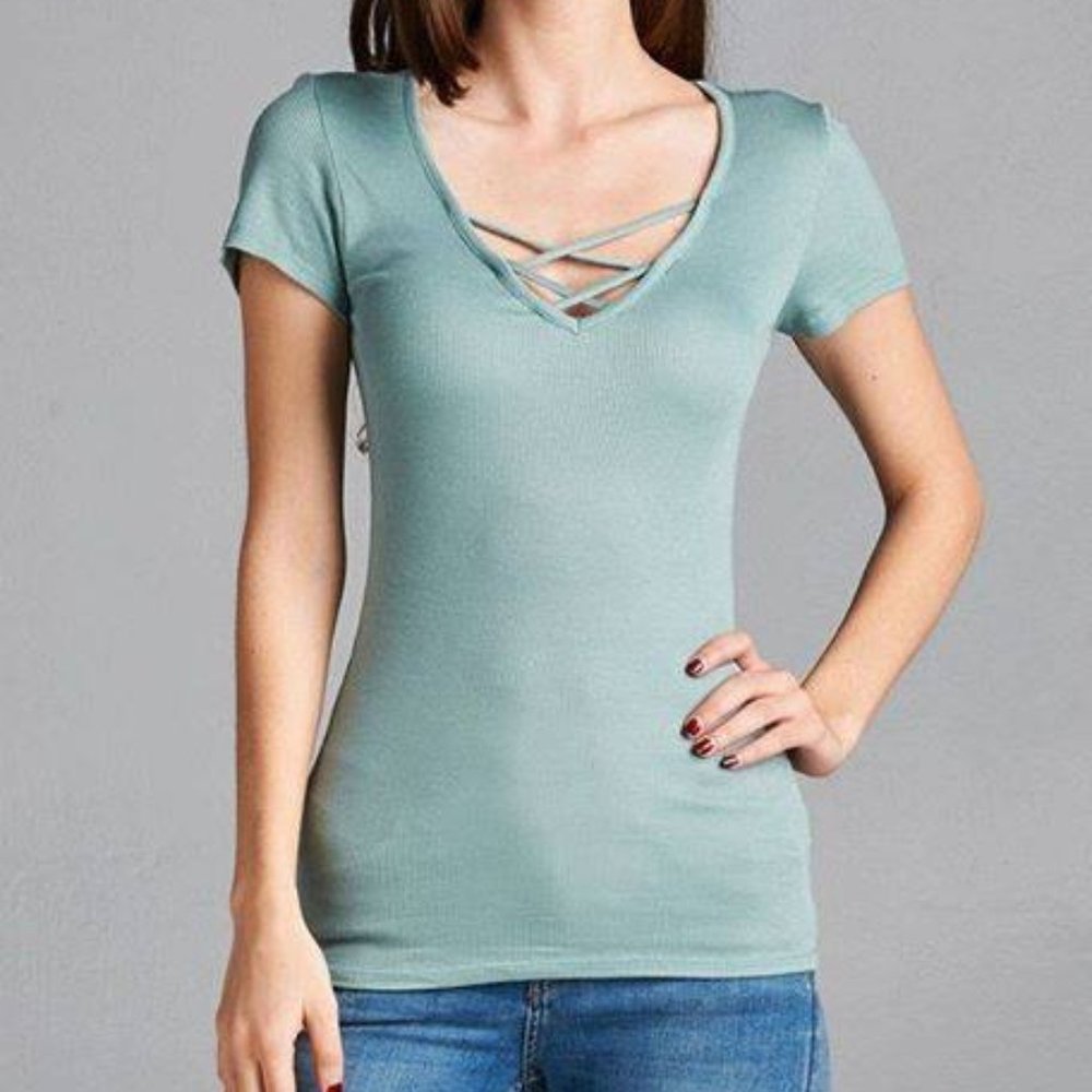 Lace Up Short Sleeves Top Turquoise Mint Blue